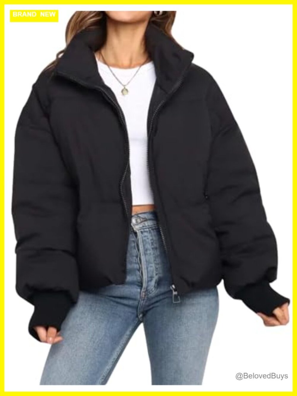 Women's Cropped Quilted Puffer Jacket With Stand Collar & Zip Pockets
